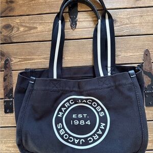 Marc Jacobs Black Canvas Messenger Tote with White Logo